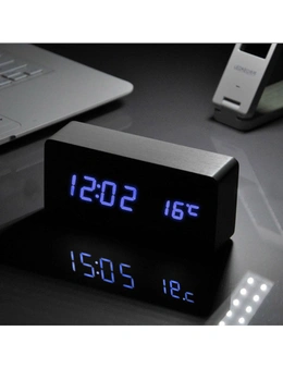 TODO Blue Led Wooden 3 Alarm Clock + Temperature Display Usb/Battery Wood Black 6035